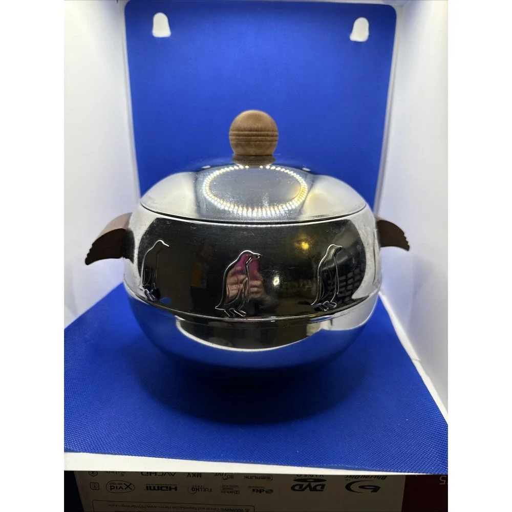 Vintage West Bend Penguin Insulated Hot & Cold Server Ice Bucket Chrome &Wood